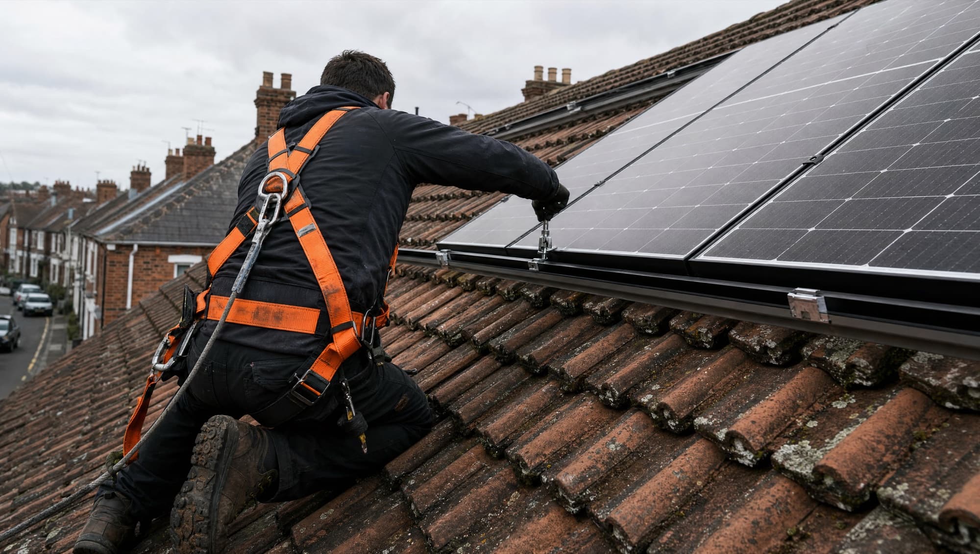 A Geko engineer mid-install on a UK Double Roman tile roof, fitting a solar array