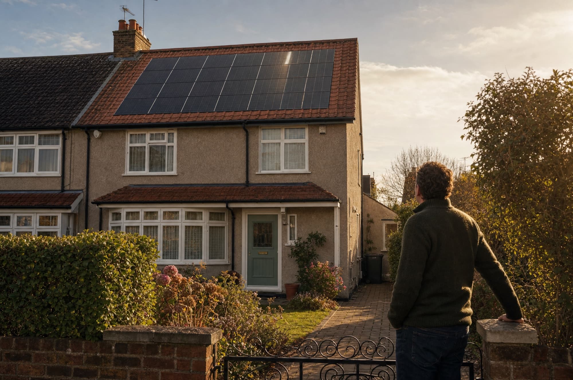 A UK homeowner standing at the front gate of their home, looking at the new solar array on the roof