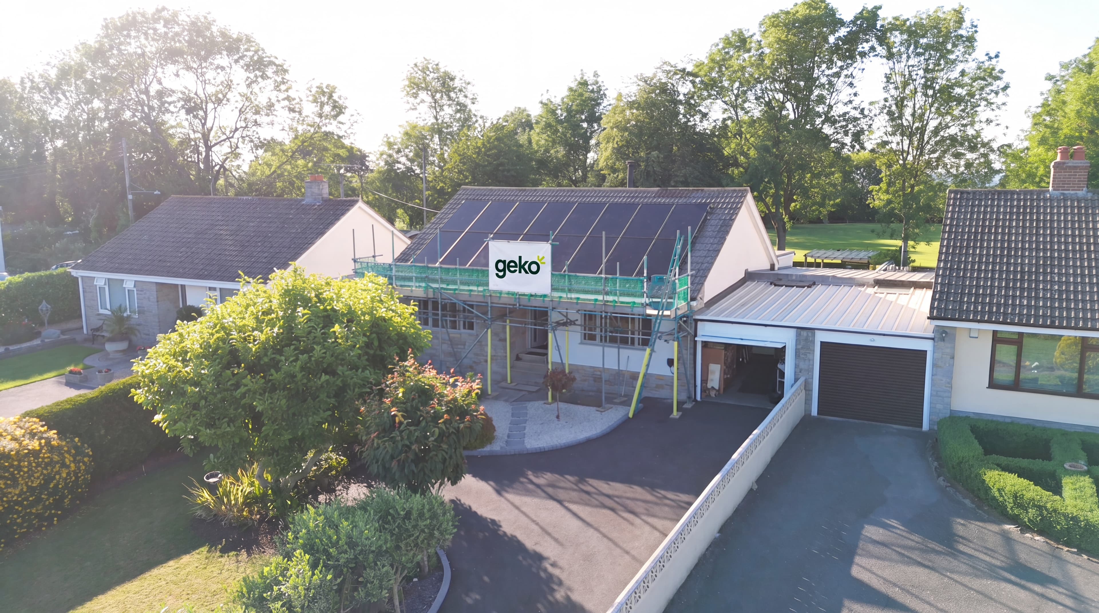 Drone view of Pete & Sarah's home and finished solar install, Somerset
