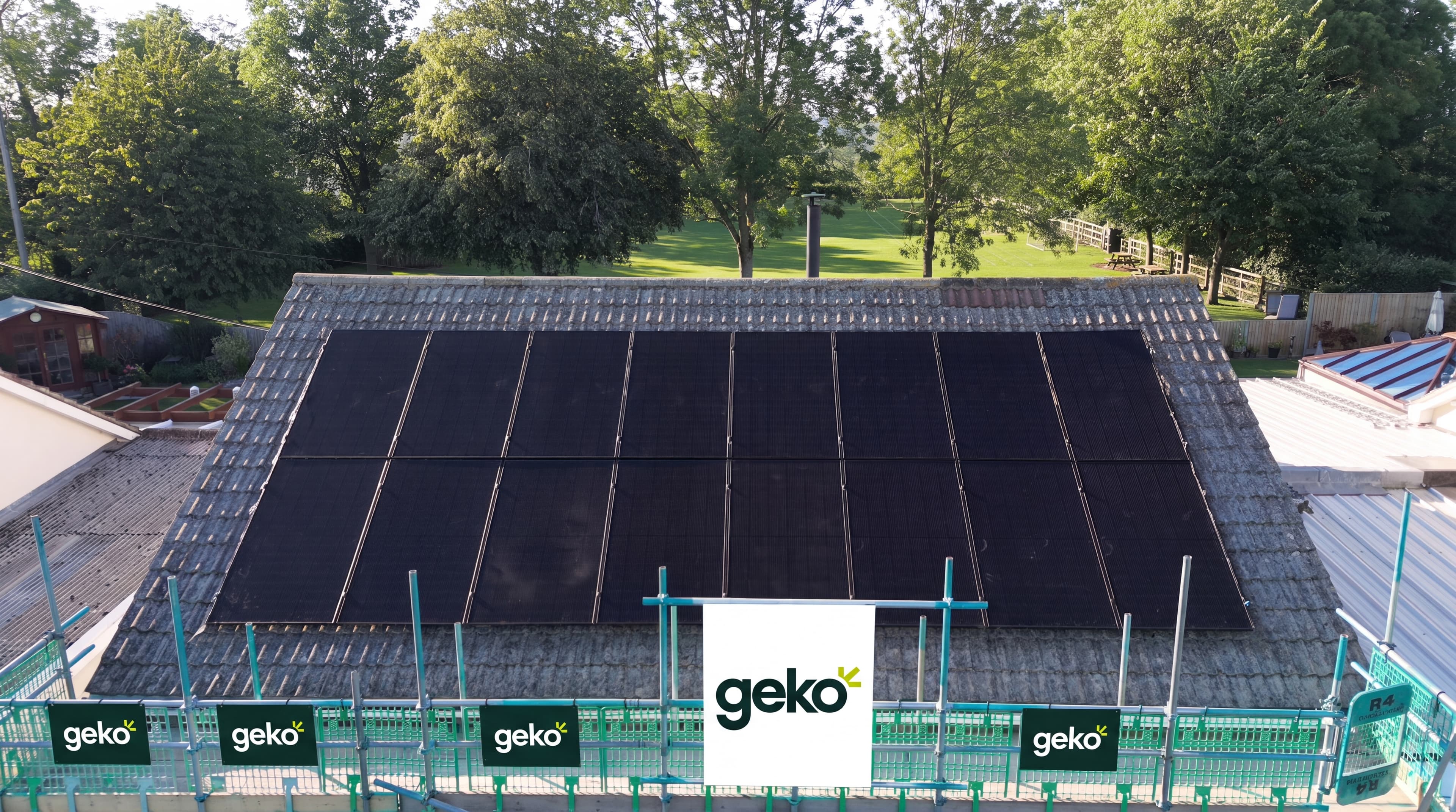 Close aerial view of the finished panel array on Pete & Sarah's roof