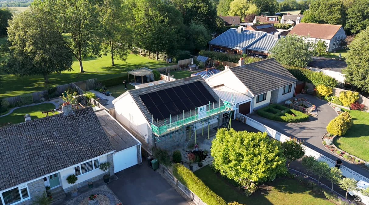 Drone view of the finished solar install at Pete & Sarah's Somerset home