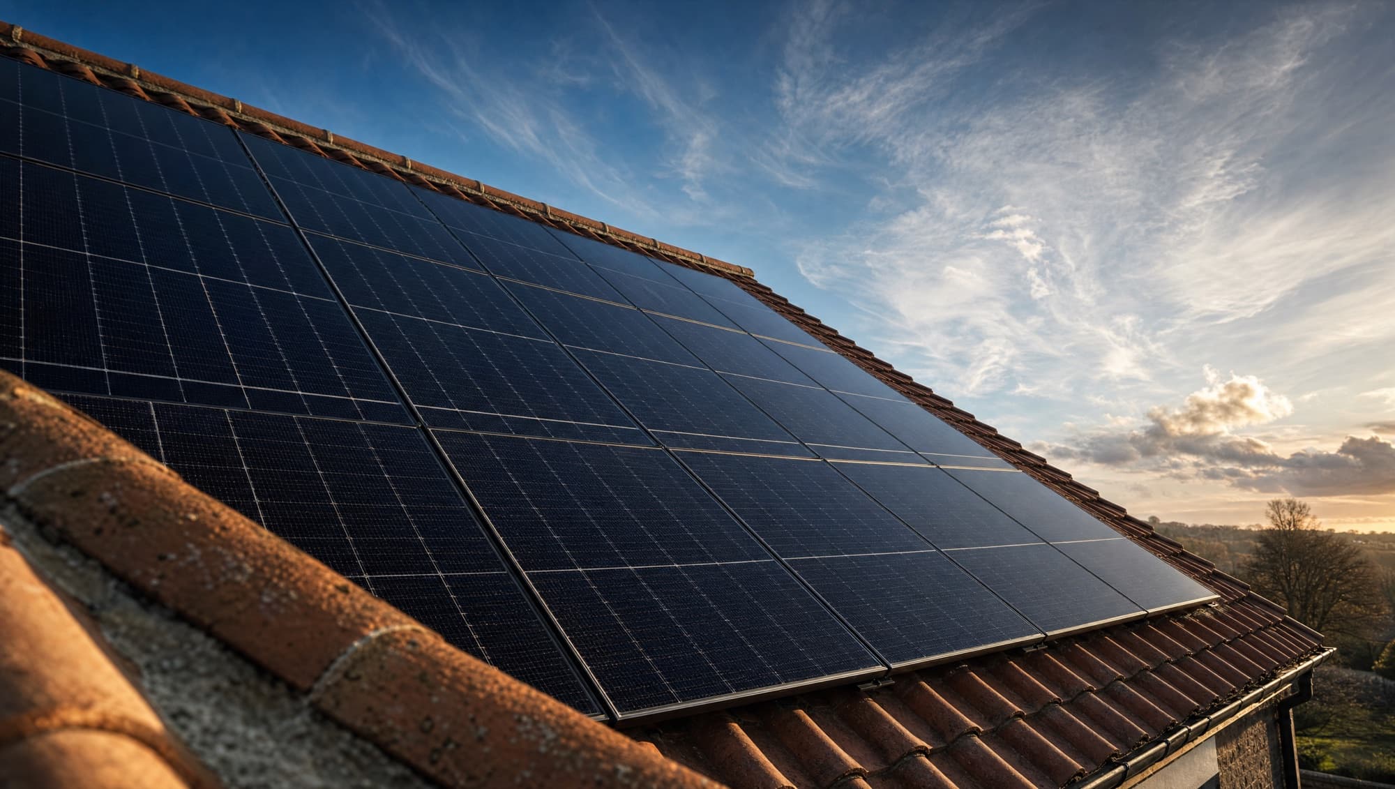 Editorial closeup of dark monocrystalline solar panels on a UK Double Roman tile roof